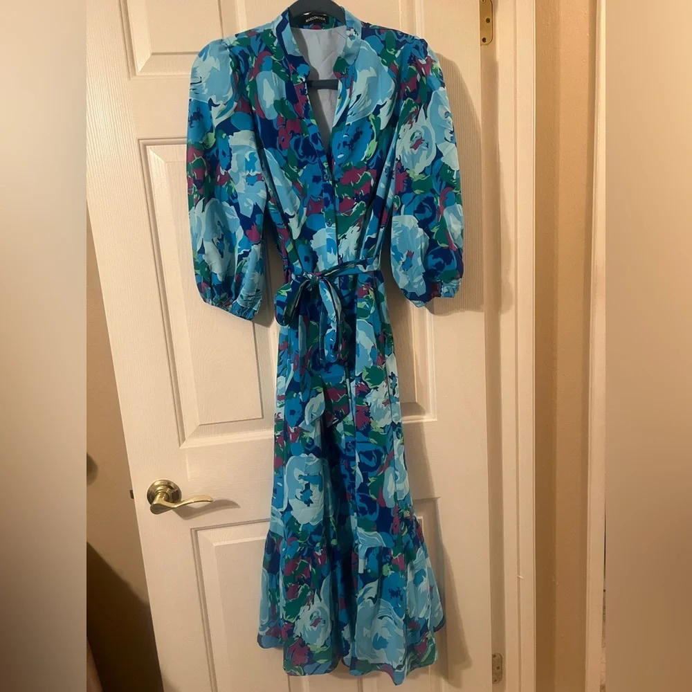 NWOT Blue Multicolor Floral Button Down 3/4 Puff Sleeve Easter Maxi Dress Small - Picture 5 of 12